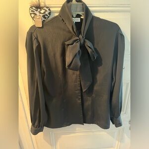 Oscar de la Renta Charcoal Gray Tie-Neck Blouse